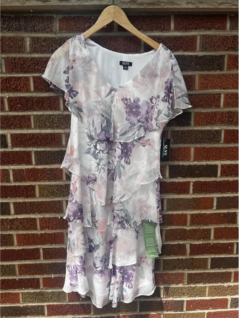 SLNY White and Purple Chiffon Flounce Short Sleeve Dress